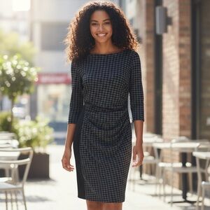 Lauren Ralph Lauren Black & Gray Houndstooth Stretch 3/4 Sleeve Dress Size 12